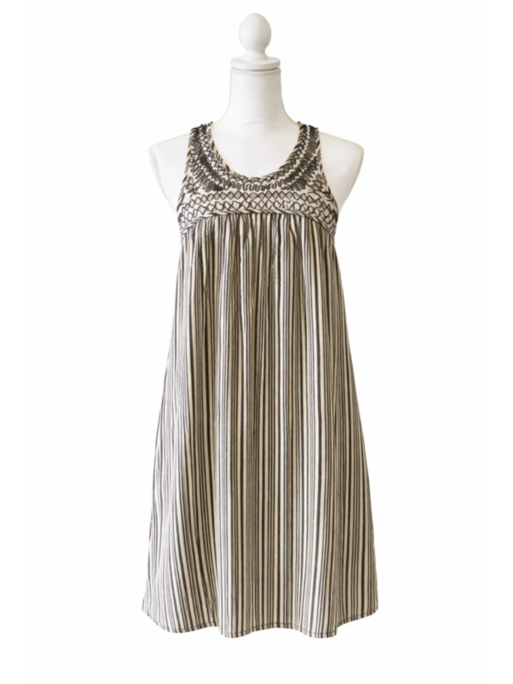 Ecote Anthro Linen Dress Striped Black & Cream Open Back Boho Flowy Summer Sz M